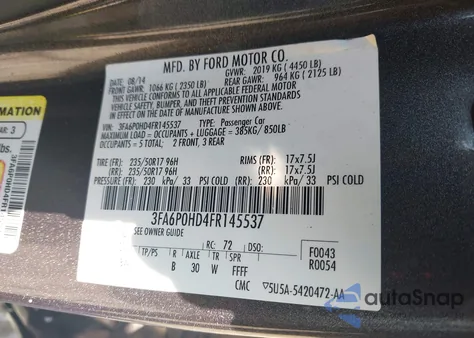 2015 Ford Fusion Se from USA, damaged, VIN 3FA6P0HD4FR145537